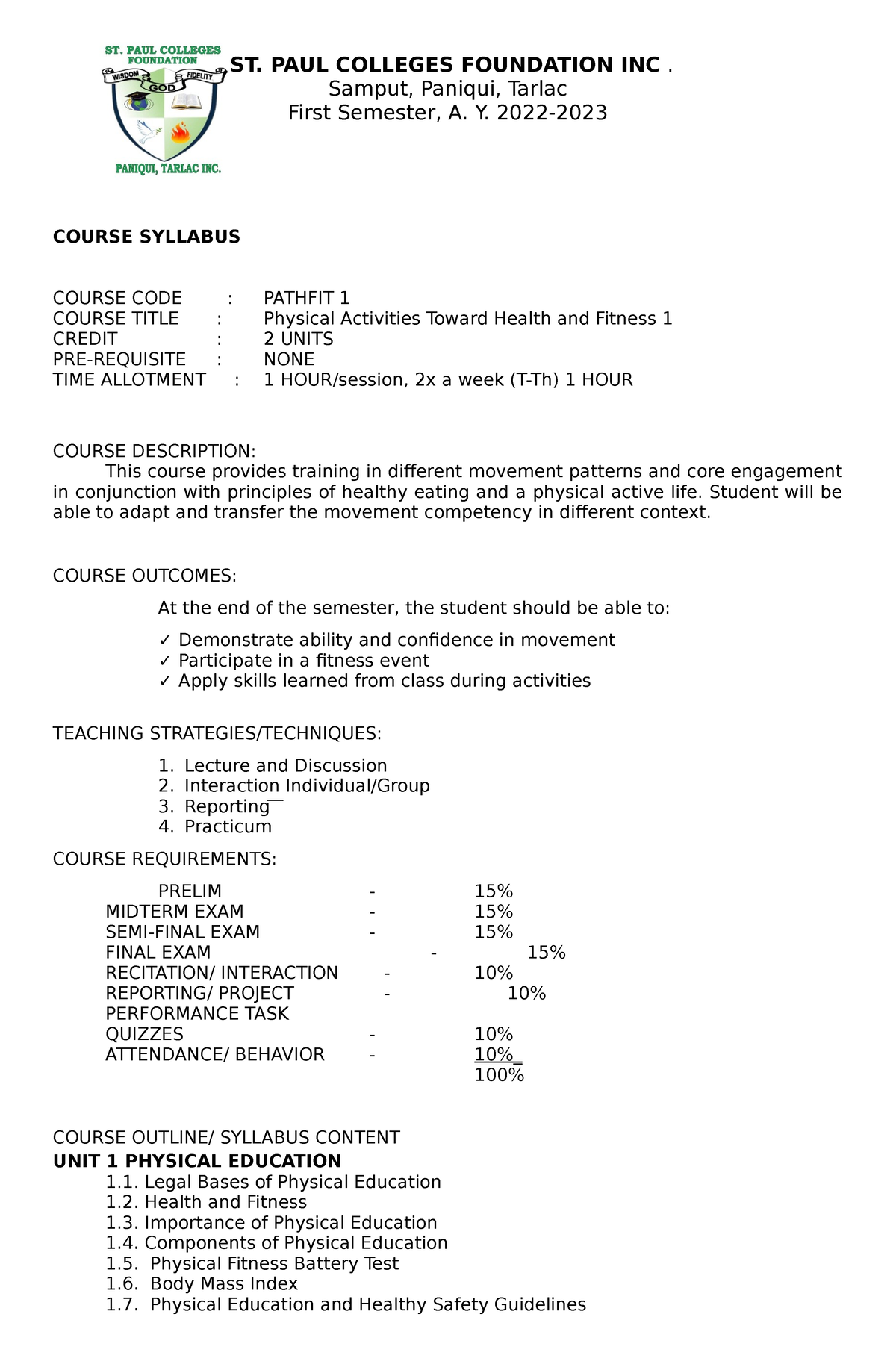 Syllabus In Pathfit 1 - Sample - ST. PAUL COLLEGES FOUNDATION INC ...