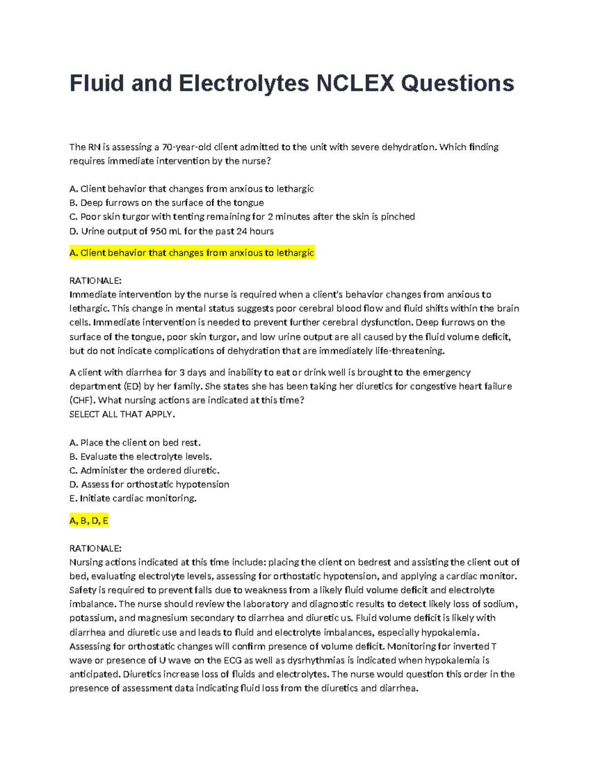 Fluid and Electrolytes Nclex Questions - Fluid and Electrolytes NCLEX ...