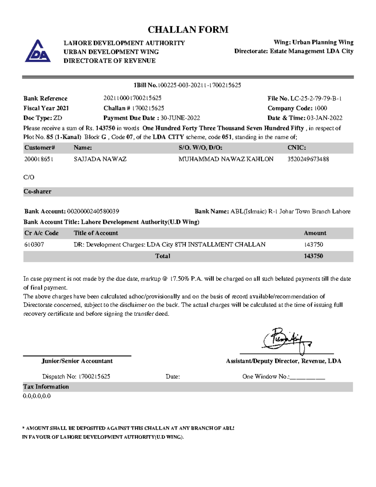 LDA S - Marketing - CHALLAN FORM LAHORE DEVELOPMENT AUTHORITY URBAN ...