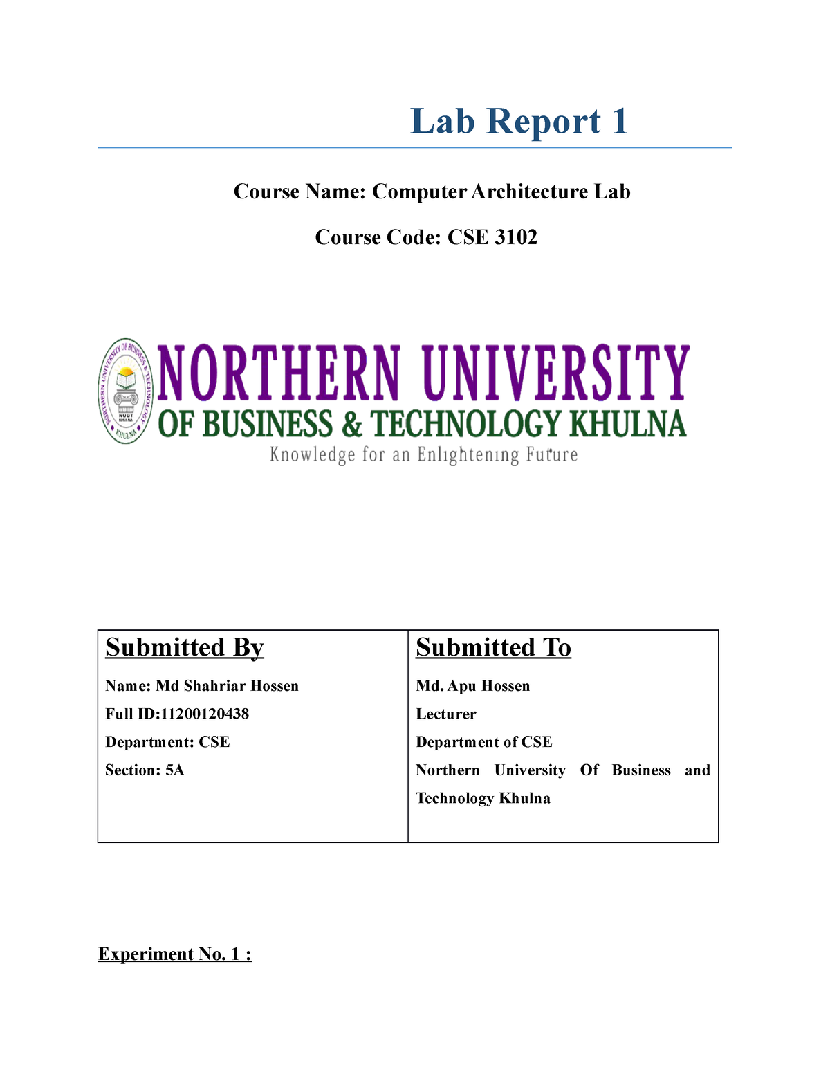 Computer Architecture Lab 1 - Lab Report 1 Course Name: Computer ...