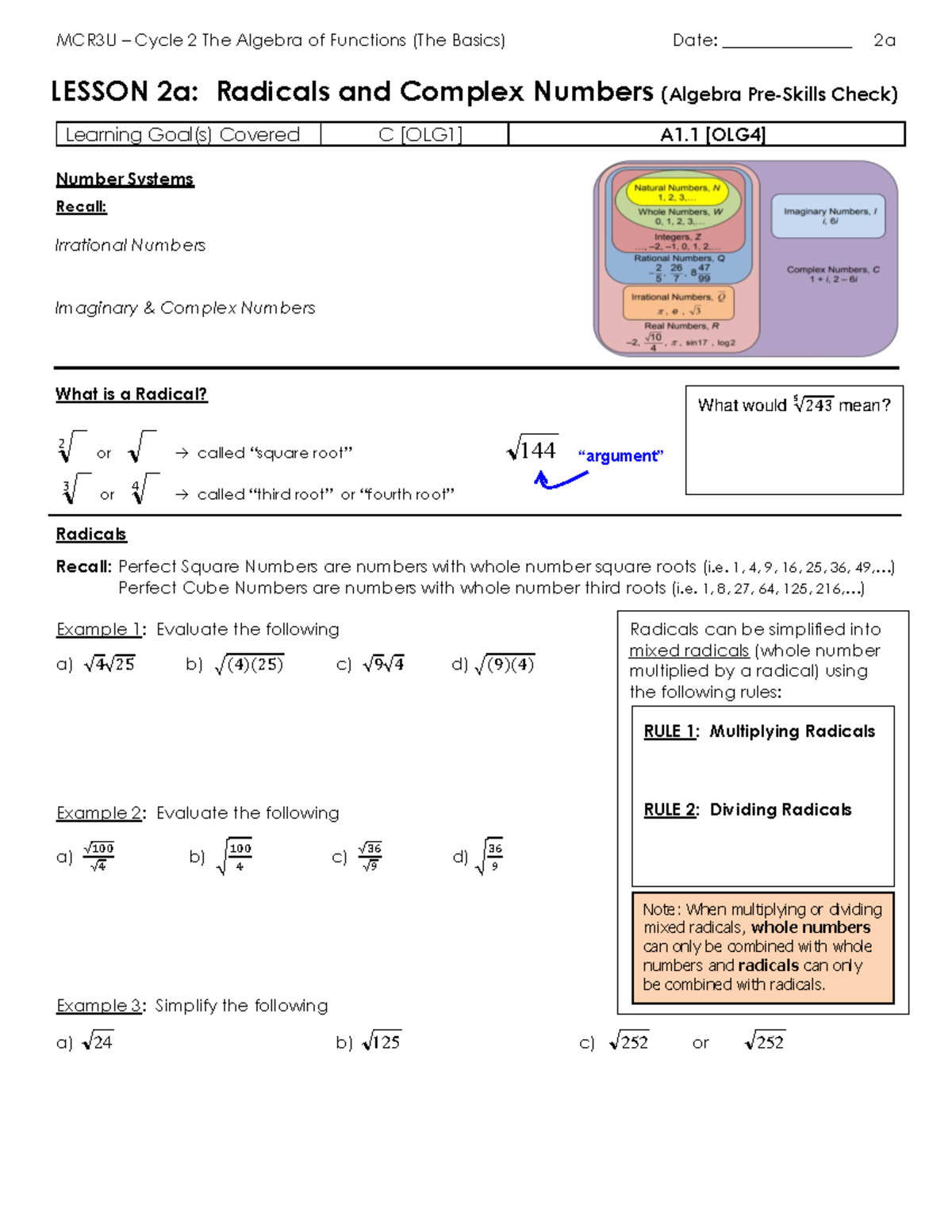 C2 - 2a - Introduction To Radicals Lesson - MCR3U – Cycle 2 The Algebra ...