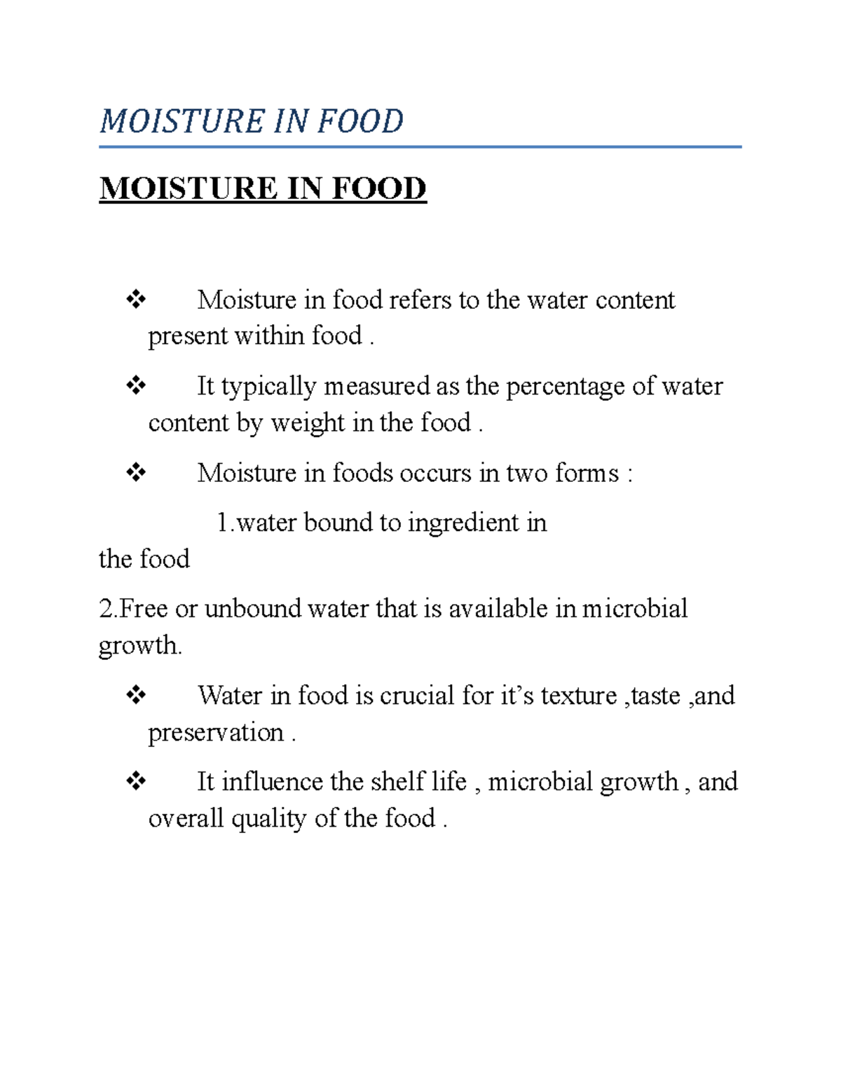 Akshay word file - MOISTURE IN FOOD MOISTURE IN FOOD Moisture in food