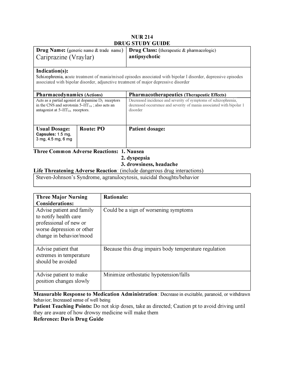 Cariprazine 2 - Meds - NUR 214 DRUG STUDY GUIDE Drug Name: (generic ...