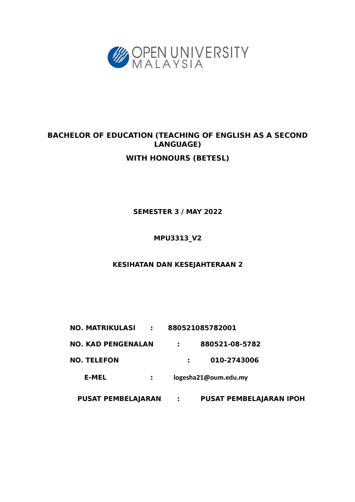 contoh assignment kesihatan dan kesejahteraan oum