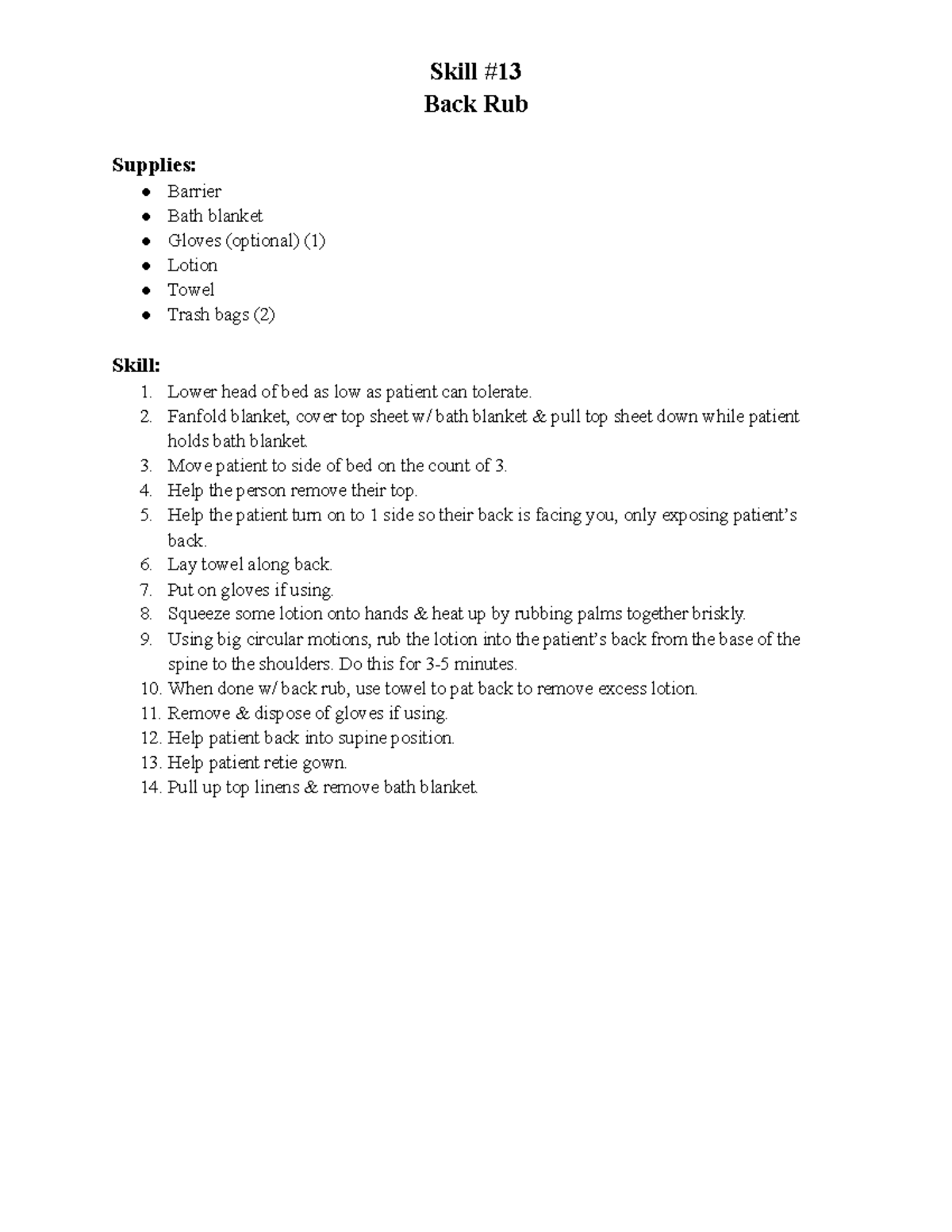 Red Cross CNA Skill 13 Back Rub Skill Back Rub Supplies Barrier