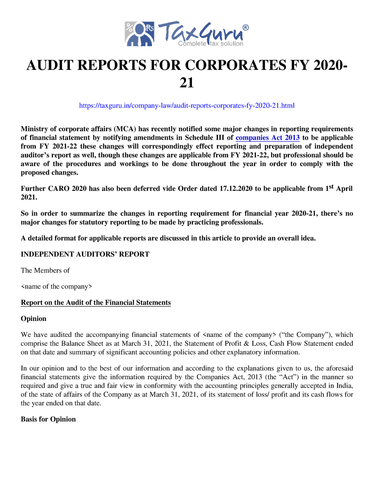 Audit Reports For Corporates FY 2020-21- Taxguru - AUDIT REPORTS FOR ...