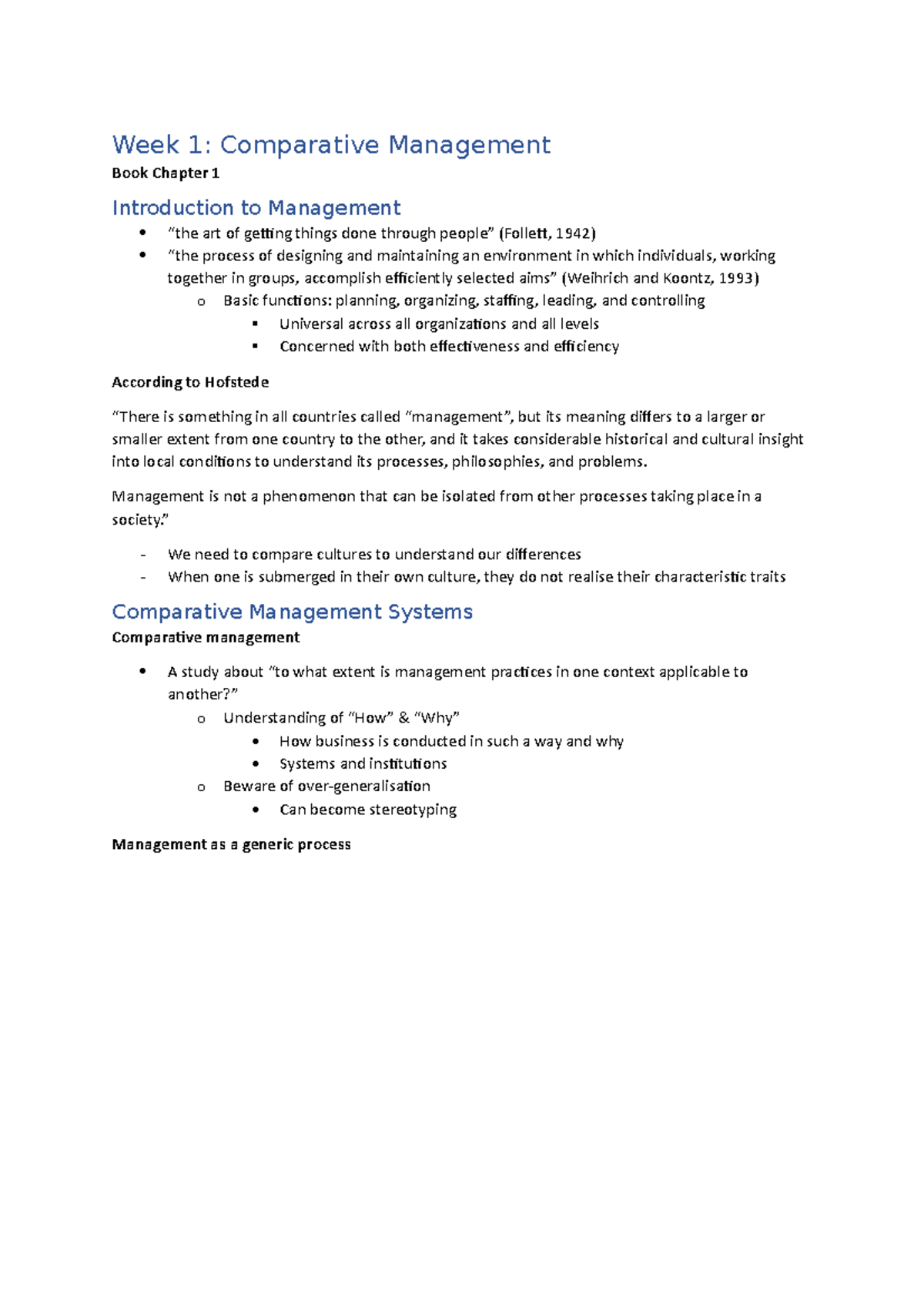 Lecture Weeks 1-4 (Summary for Quiz 1) - MGMT2106 - UNSW Sydney - Studocu