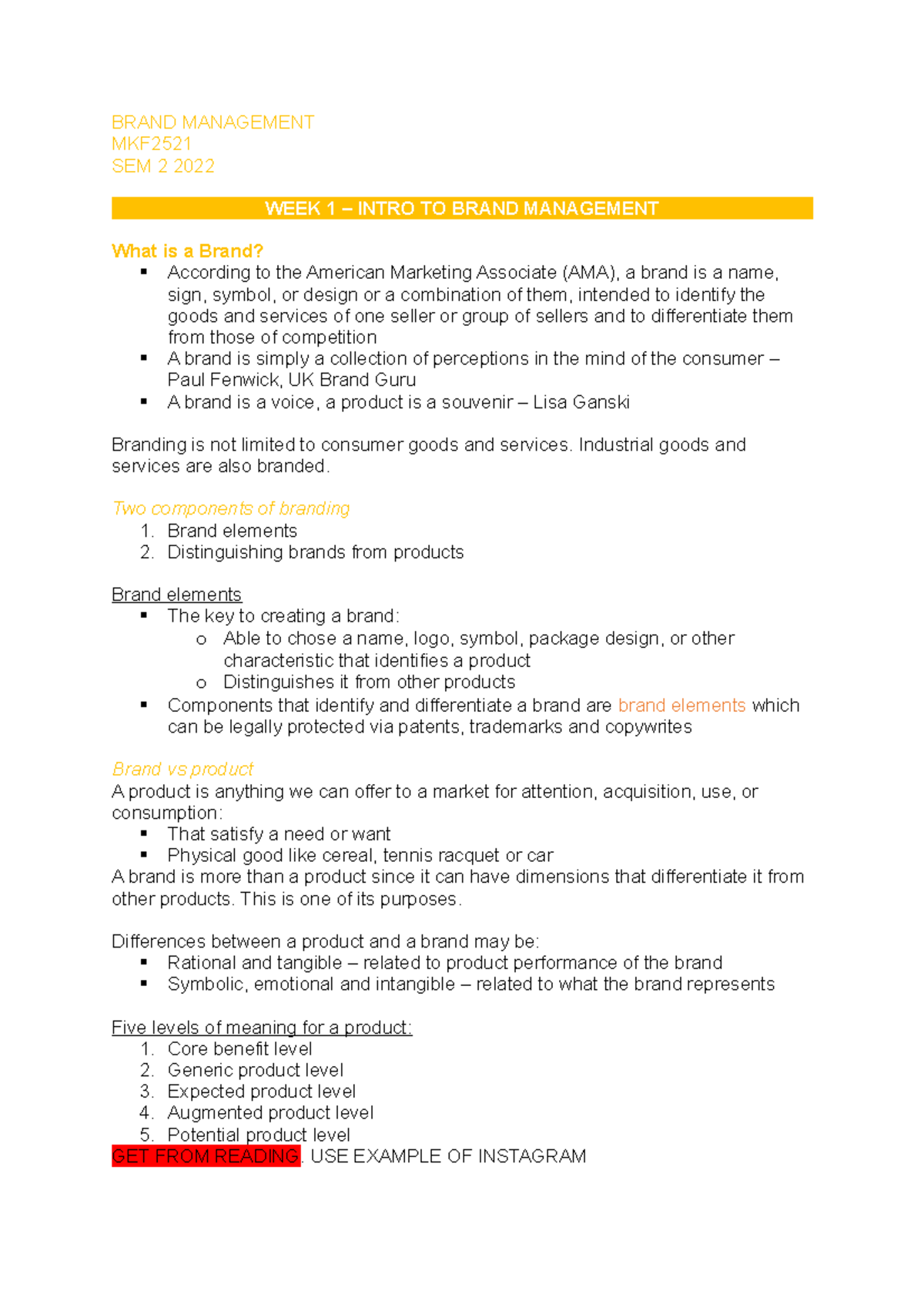 Brand Management notes - BRAND MANAGEMENT MKF SEM 2 2022 WEEK 1 – INTRO ...