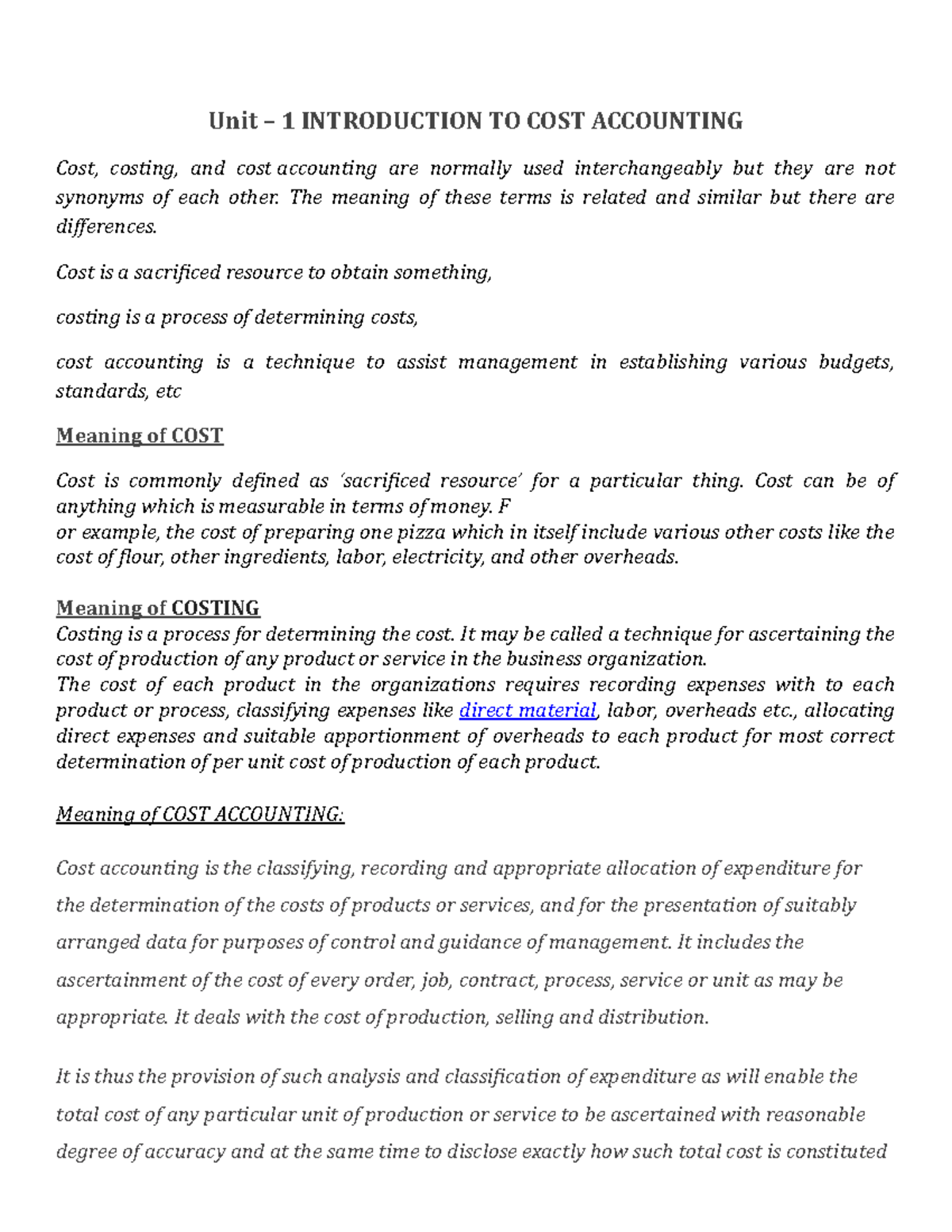 Unit-1 Introduction To Costing - Unit – 1 INTRODUCTION TO COST ...