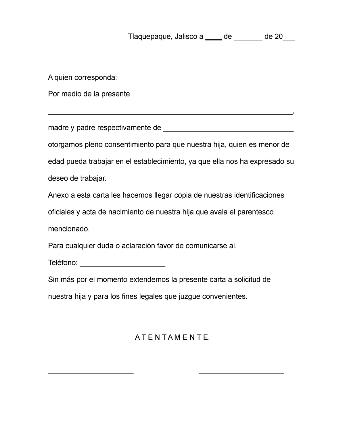 Carta Permiso Laboral Tlaquepaque Jalisco A De De A Quien Corresponda Por