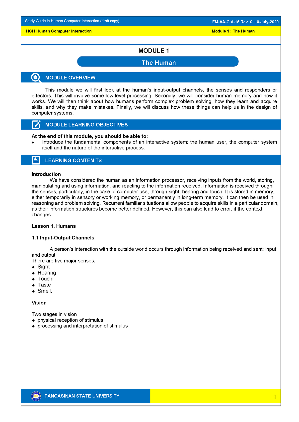 HCIModule- Chapter 1 Human - PANGASINAN STATE UNIVERSITY HCI I Human ...