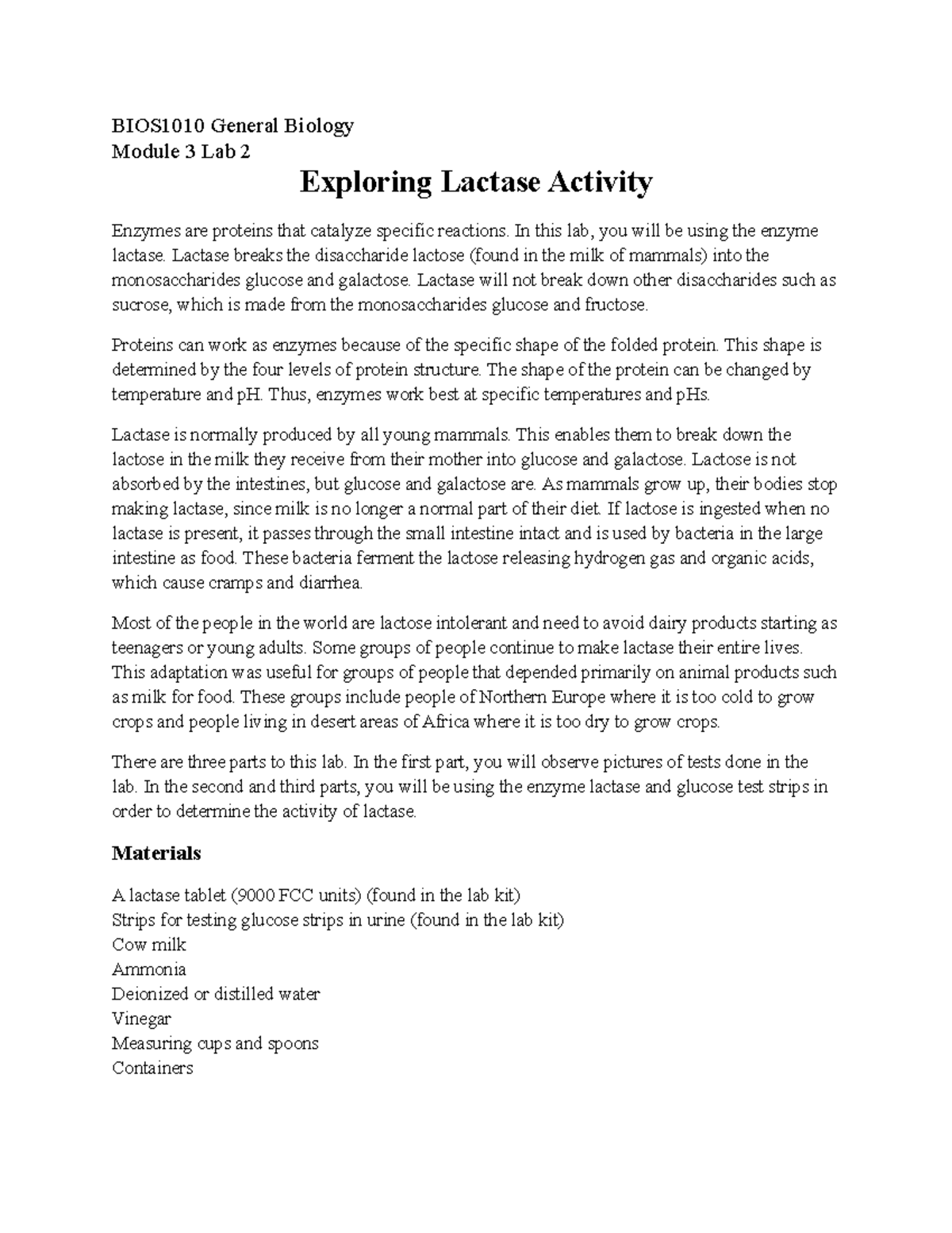 Module 3 Lab 2 Exploring Lactase Activity Instructions and Worksheet