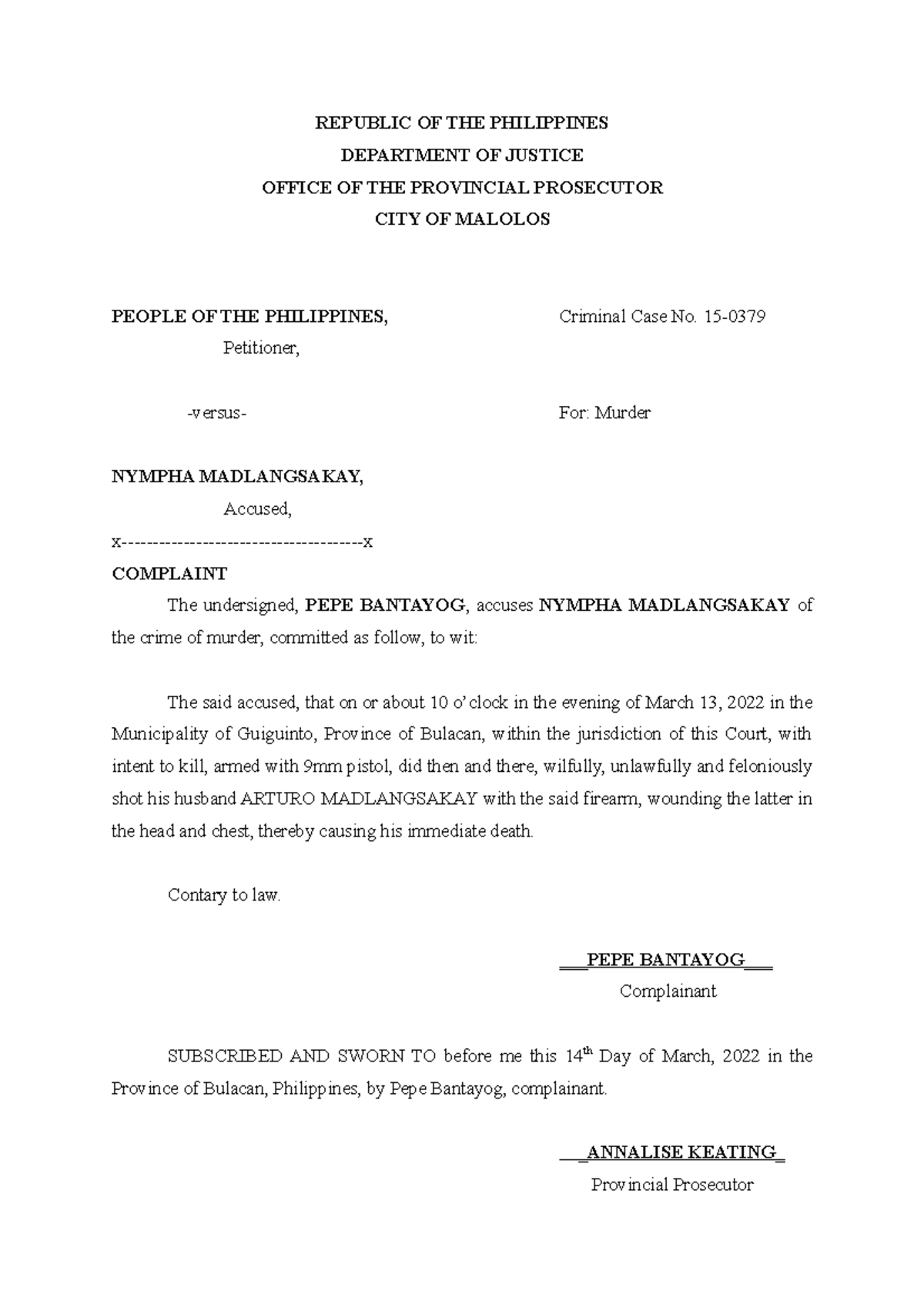 Complaint - REPUBLIC OF THE PHILIPPINES DEPARTMENT OF JUSTICE OFFICE OF ...