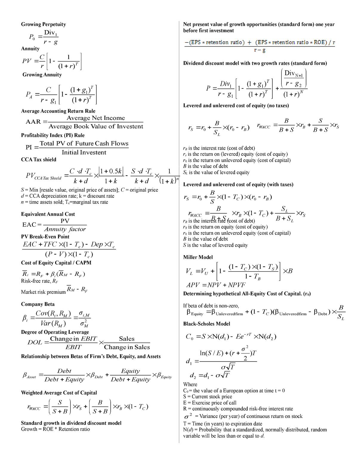 Master Formula Sheet - Growing Perpetuity Annuity T r r C PV 1( ) 1 1 ...