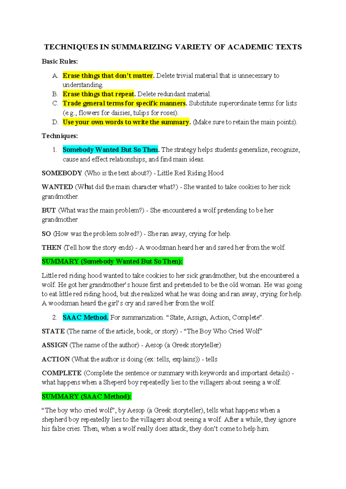 English FOR ACAD Purpose Reviewer - TECHNIQUES IN SUMMARIZING VARIETY ...