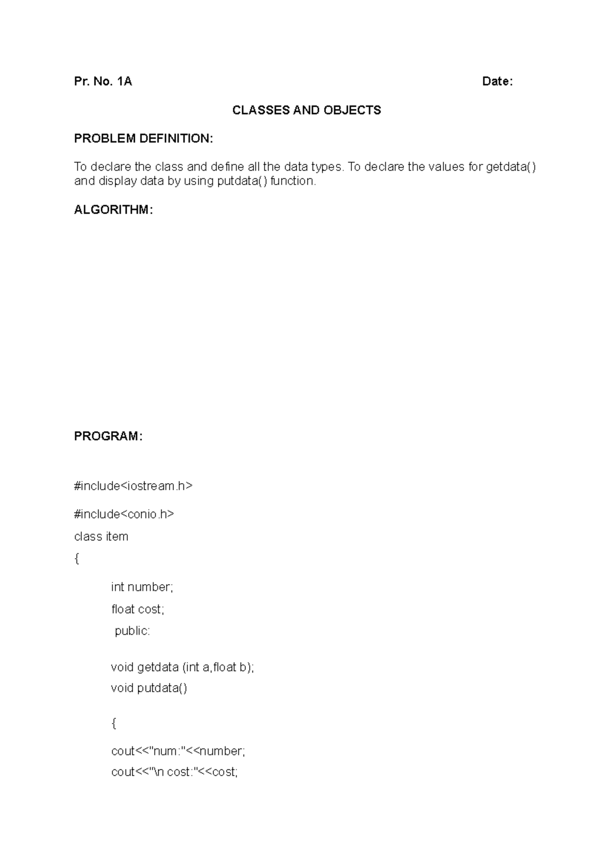 OOPS programs 1 and 2 - Pr. No. 1A Date: CLASSES AND OBJECTS PROBLEM ...