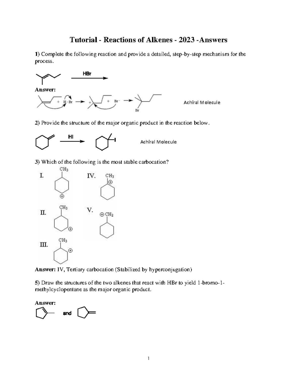 Tutorial Alkenes 2023 Key - 1 Tutorial - Reactions of Alkenes - 2023 ...