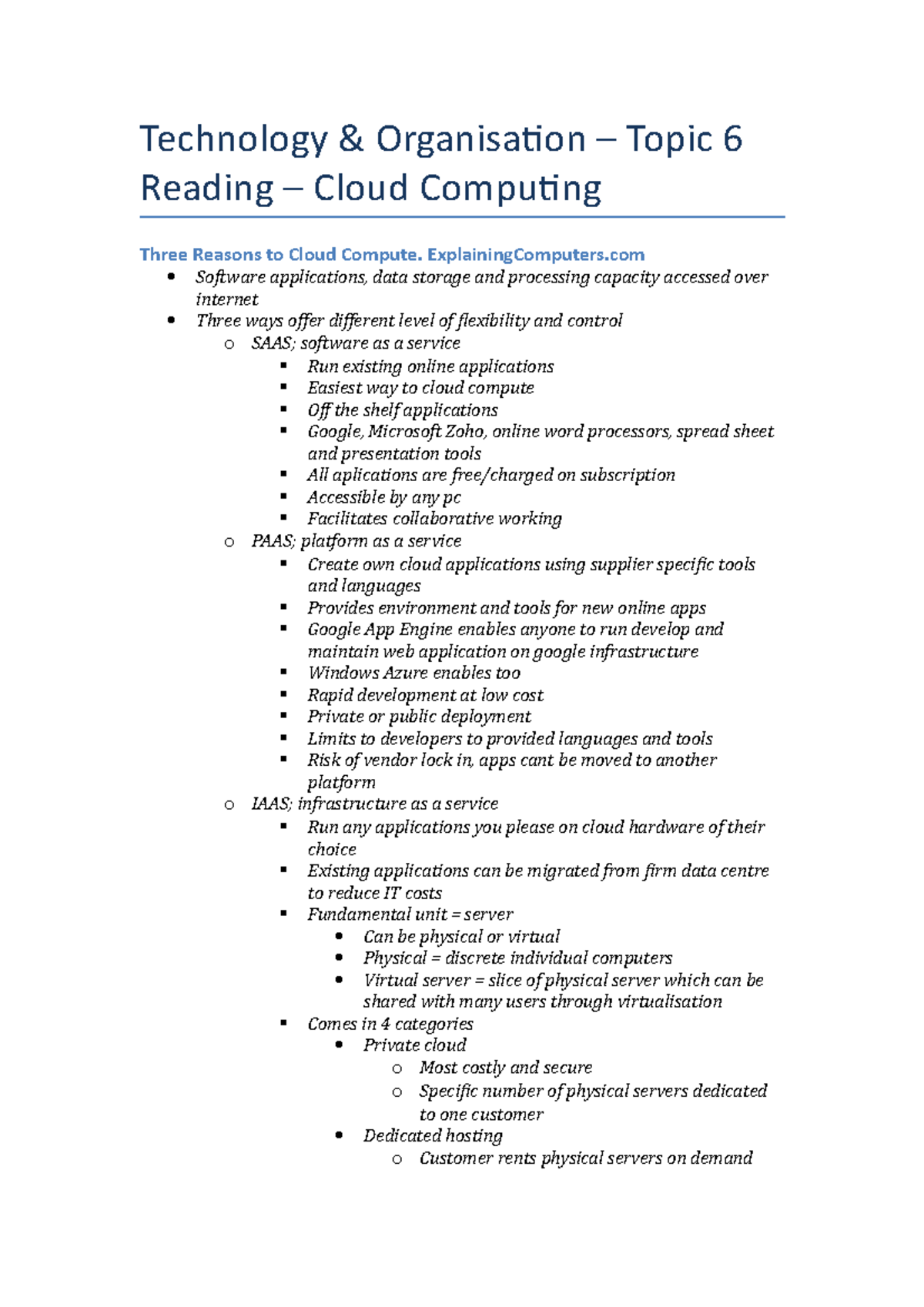 T&O - Cloud Computing - Technology & Organisation – Topic 6 Reading ...