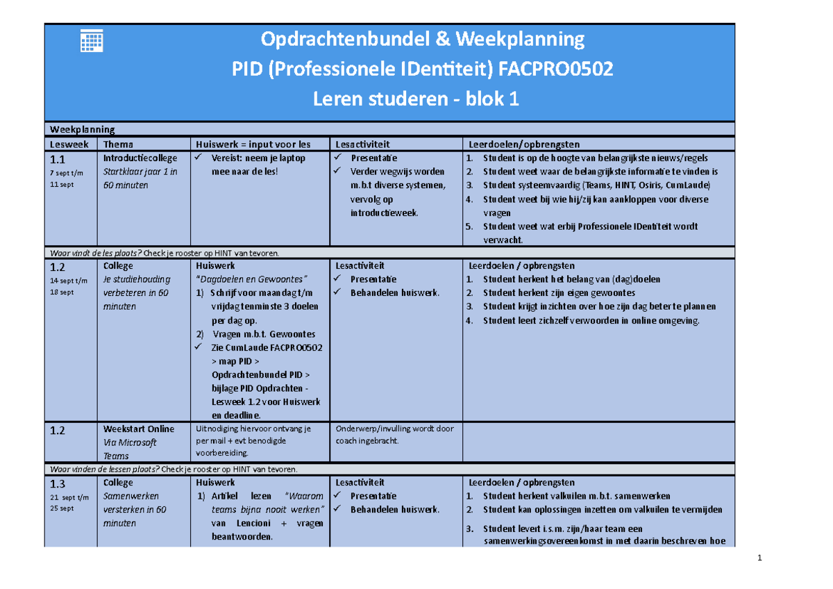 Opdrachtenbundel En Weekplanning PID Blok 1 - 2020-2021 ...