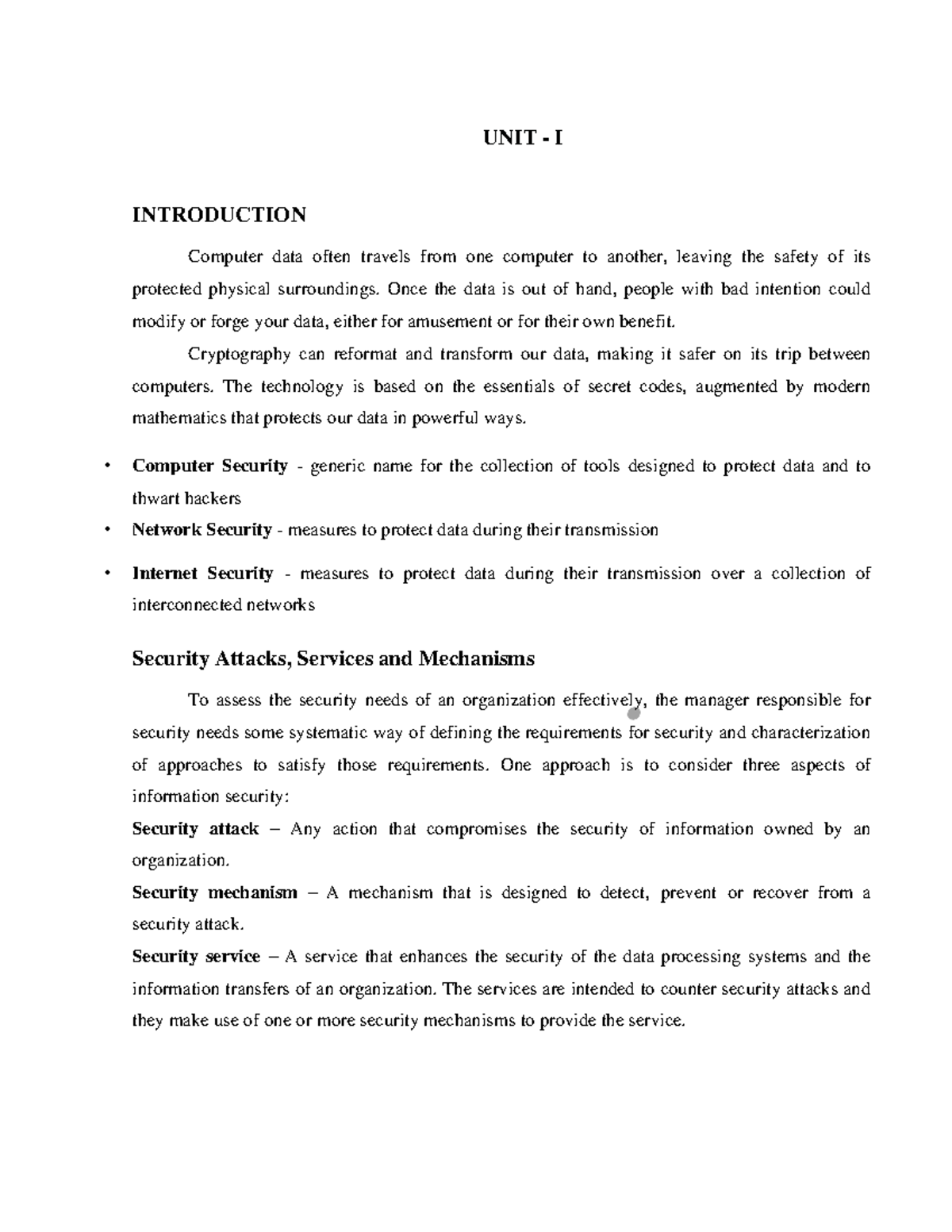 CNS U-1 - Lecture notes - UNIT - I INTRODUCTION Computer data often ...