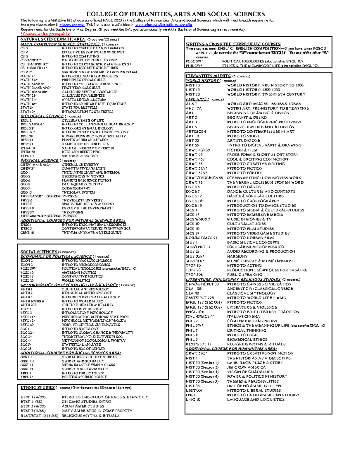 23fbreadth Breath courses COLLEGE OF HUMANITIES, ARTS AND SOCIAL SCIENCES The following is