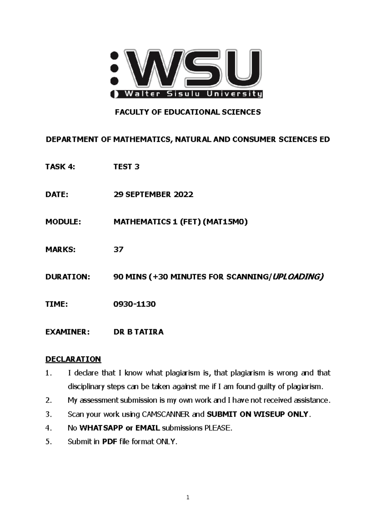Test 3 task 4 - Maths test about - 1 FACULTY OF EDUCATIONAL SCIENCES ...