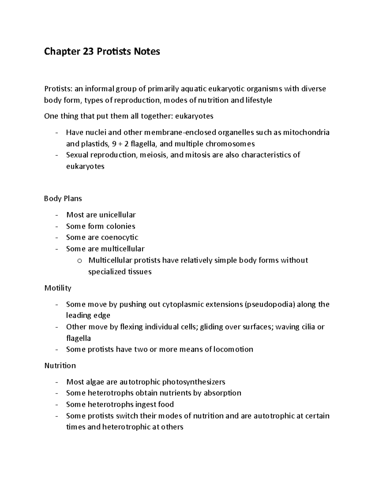Protists Notes class - Chapter 23 Protists Notes Protists: an informal ...