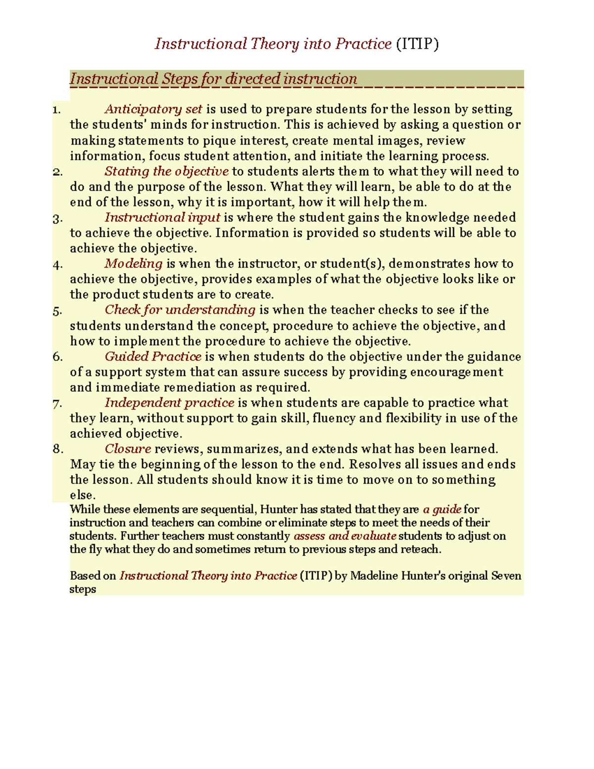 Blank ITIP Lesson Plan Form - Instructional Theory into Practice (ITIP ...