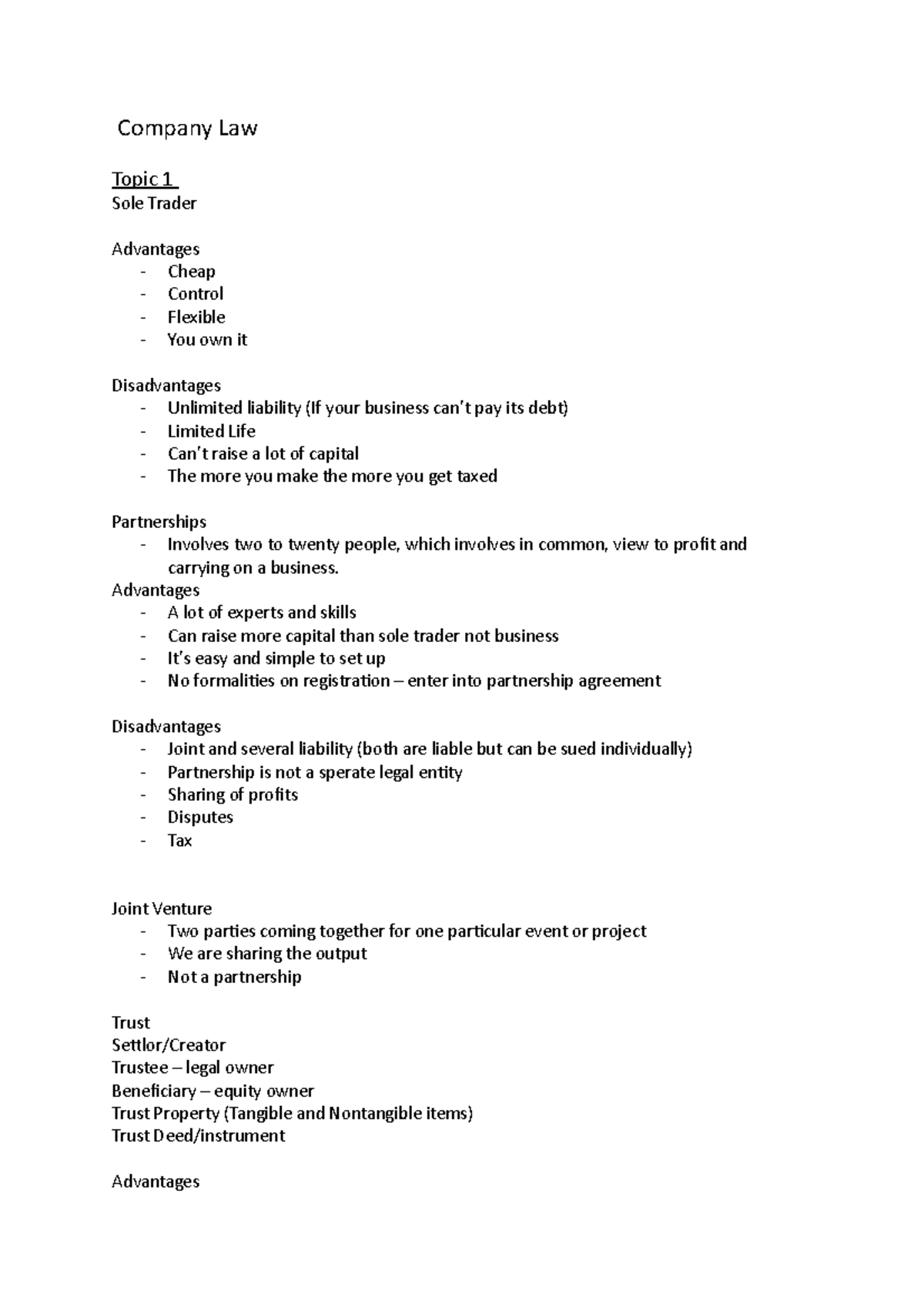 Company Law Notes - Company Law Topic 1 Sole Trader Advantages - Cheap ...
