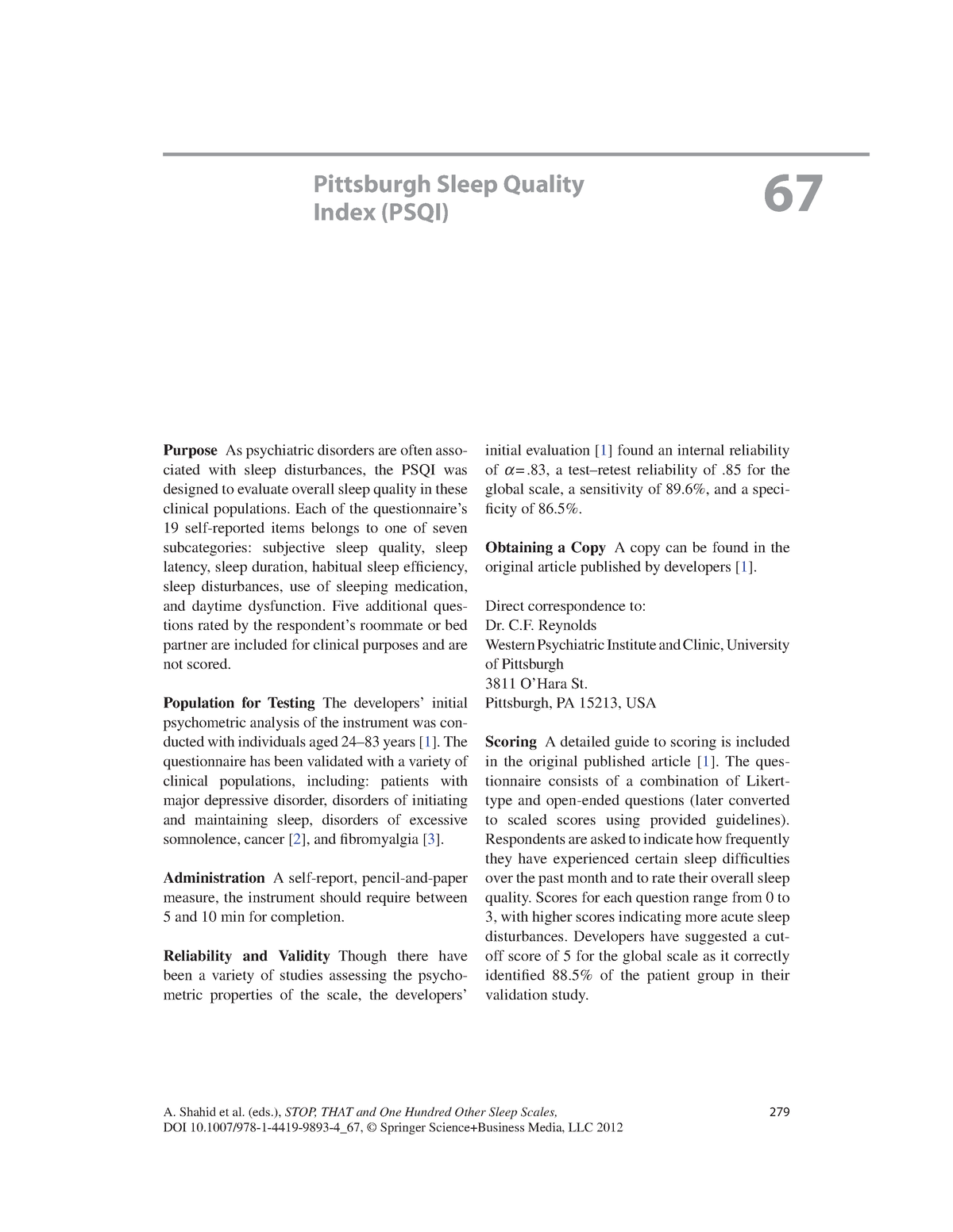 Pittsburgh Sleep Quality Index (PSQI) A. Shahid et al. (eds.), STOP