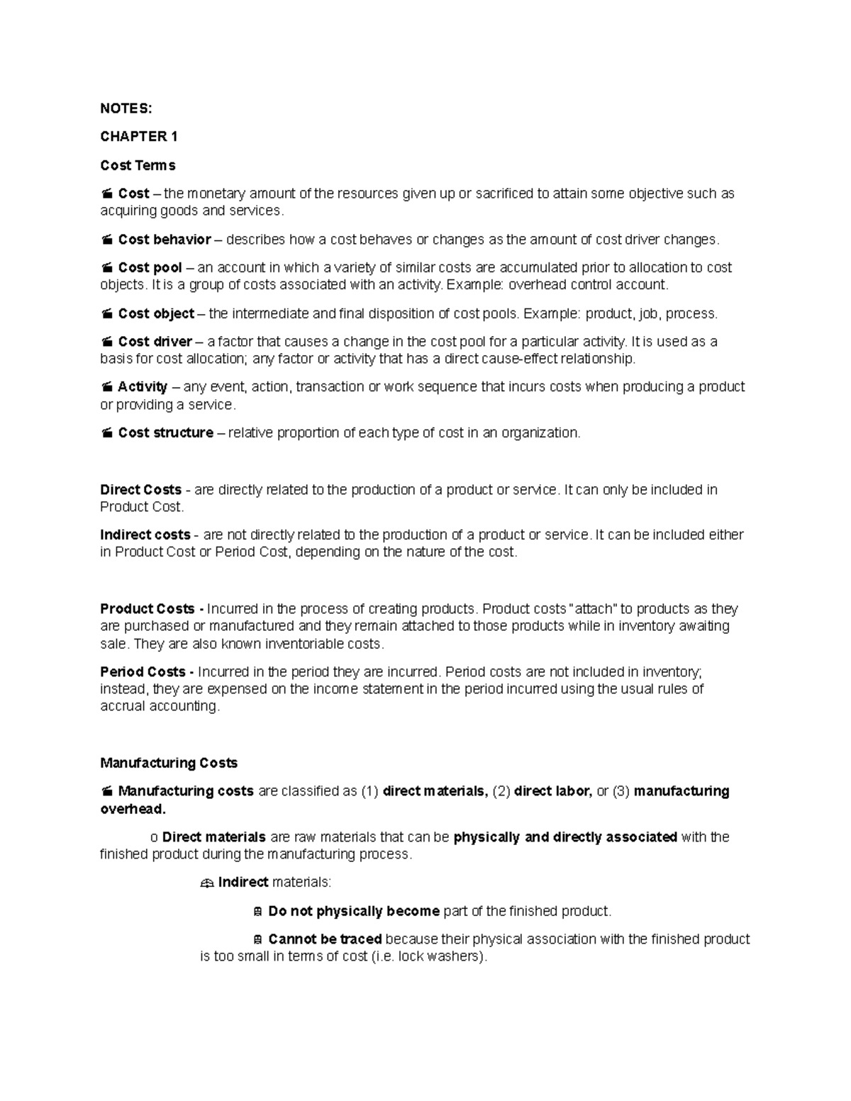 Notes Chapter 01 - NOTES: CHAPTER 1 Cost Terms Cost – the monetary ...
