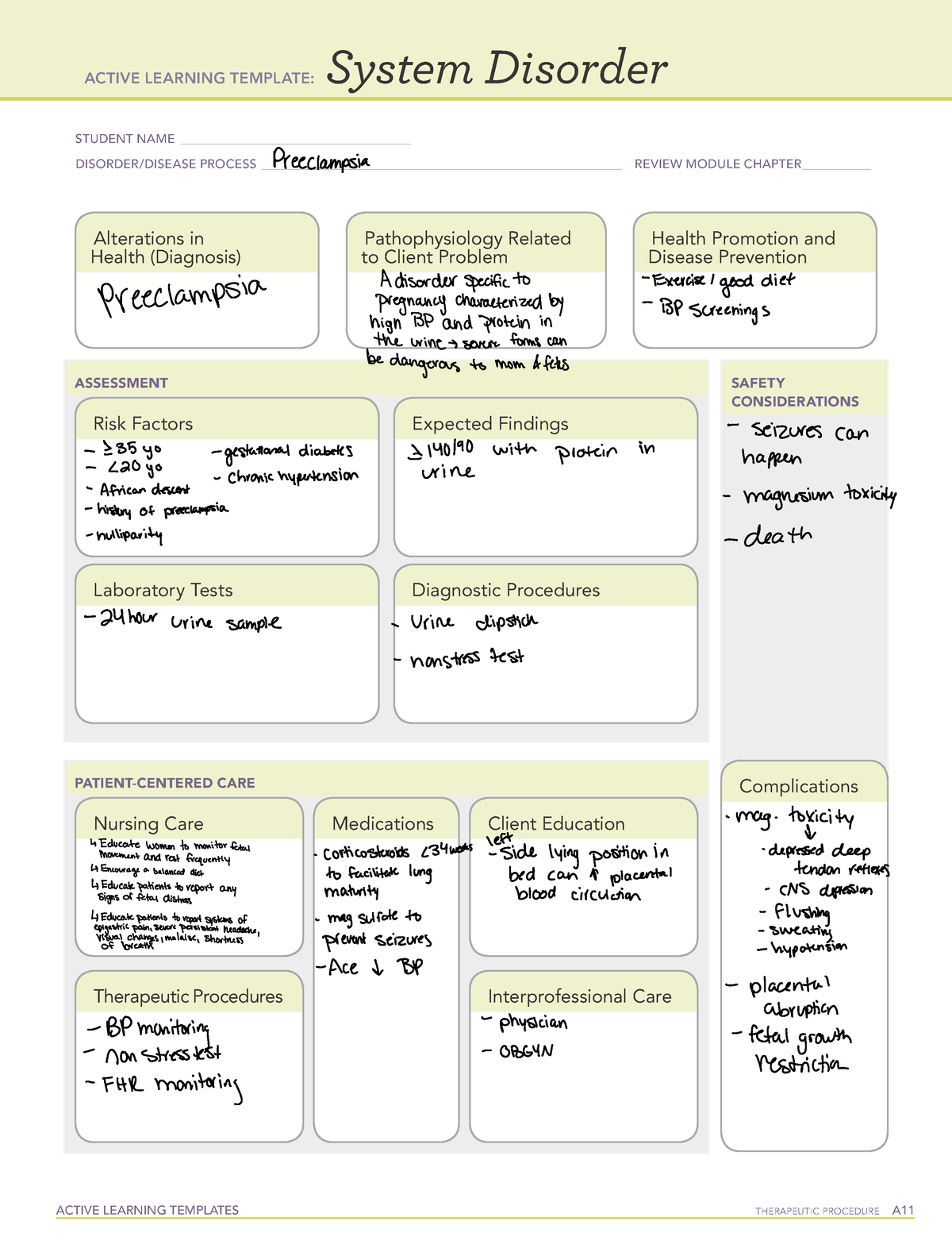 ATI Preeclampsia system disorder ACTIVE LEARNING TEMPLATES