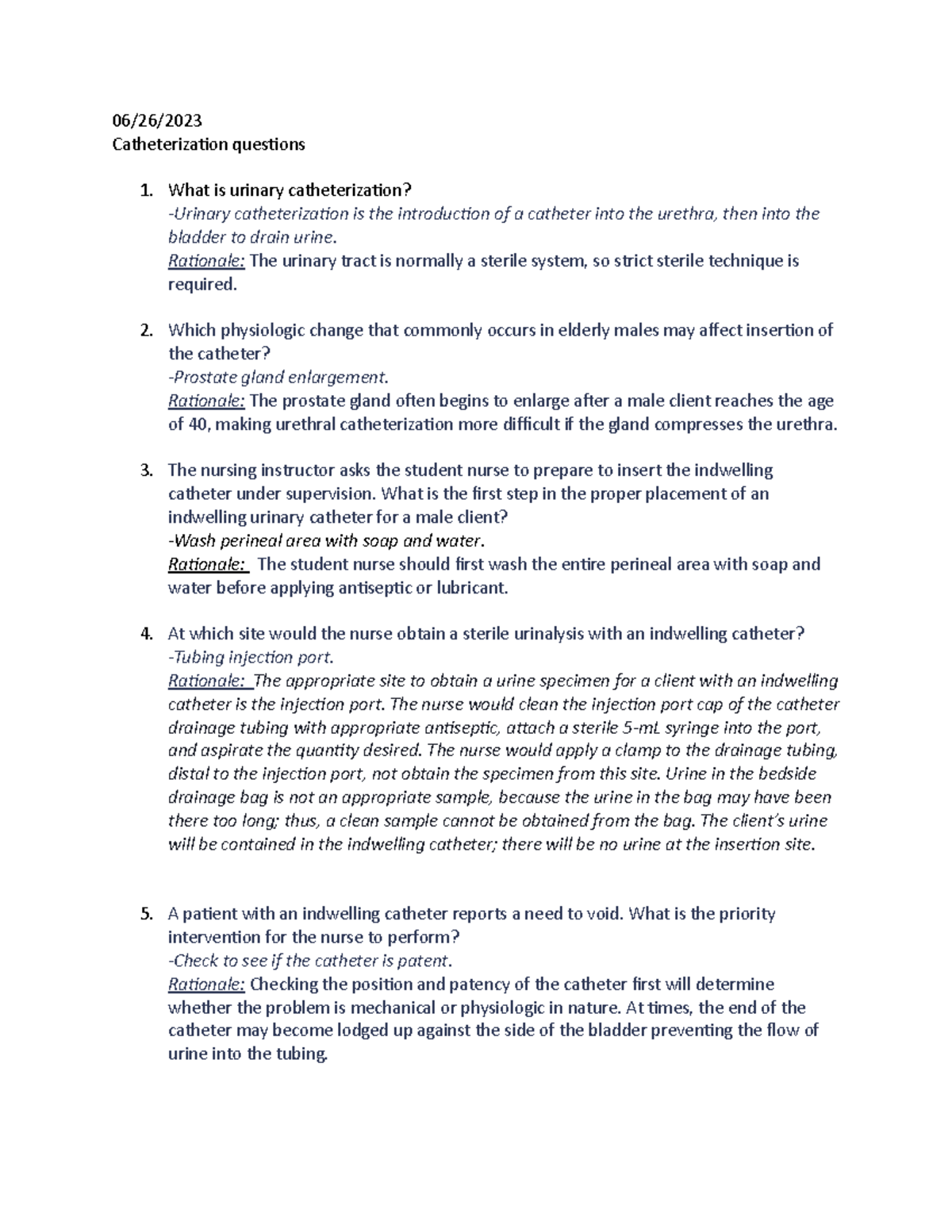 Cath questions female and male cath procedure N243 Studocu
