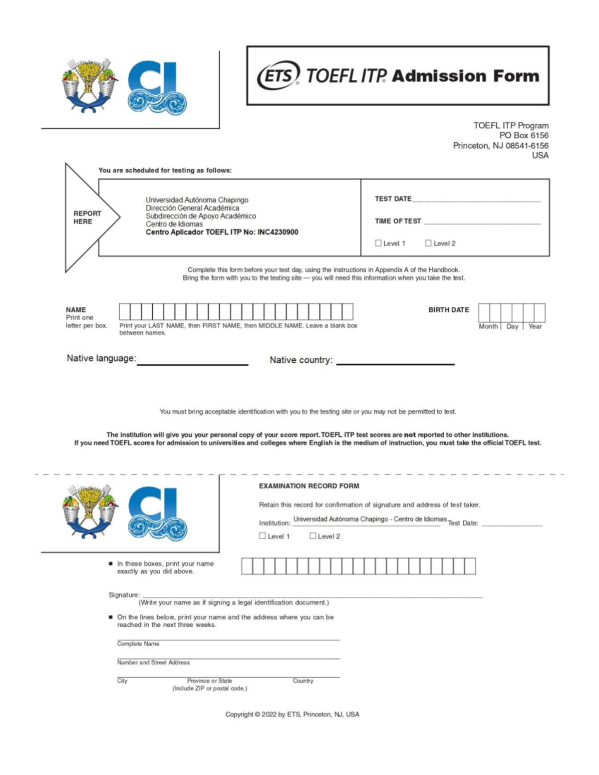 Toefl-admission-form - ETS TOEFL Admission Form TOEFL ITP Program PO ...