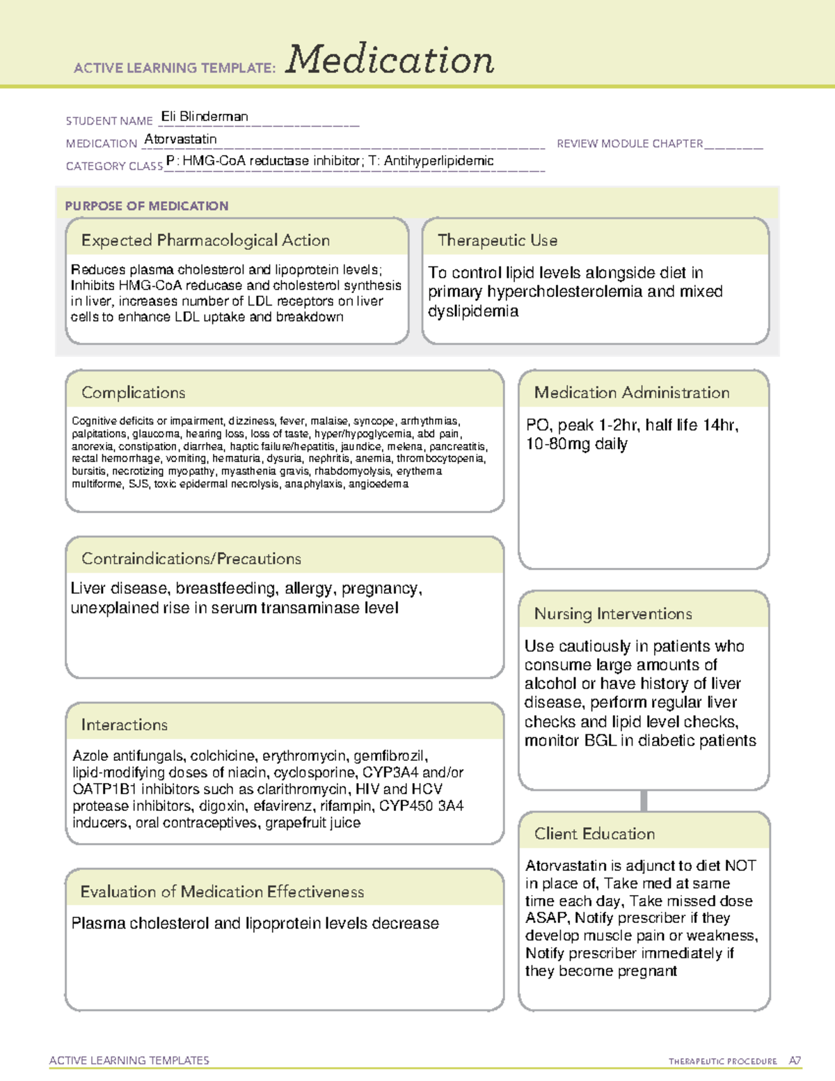 Atorvastatin Drug Card - ACTIVE LEARNING TEMPLATES TherapeuTic ...