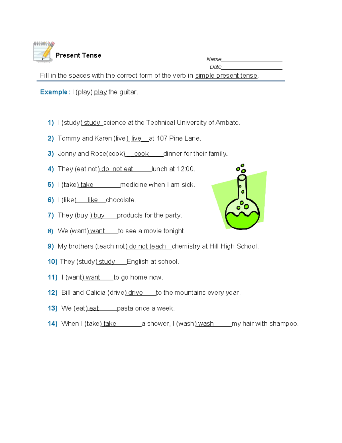Present Tense Exercise - Present Tense Name Date Fill in the spaces ...