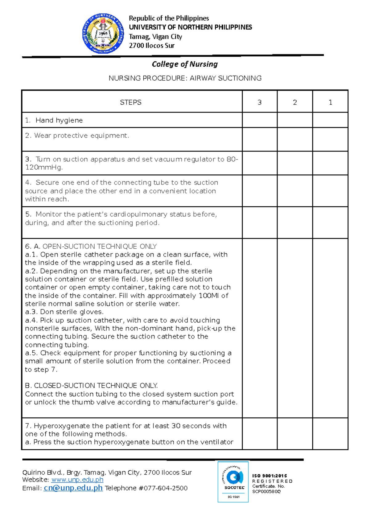 Suctioning-Checklist - ISO 9001: R E G I S T E R E D Certificate. No ...