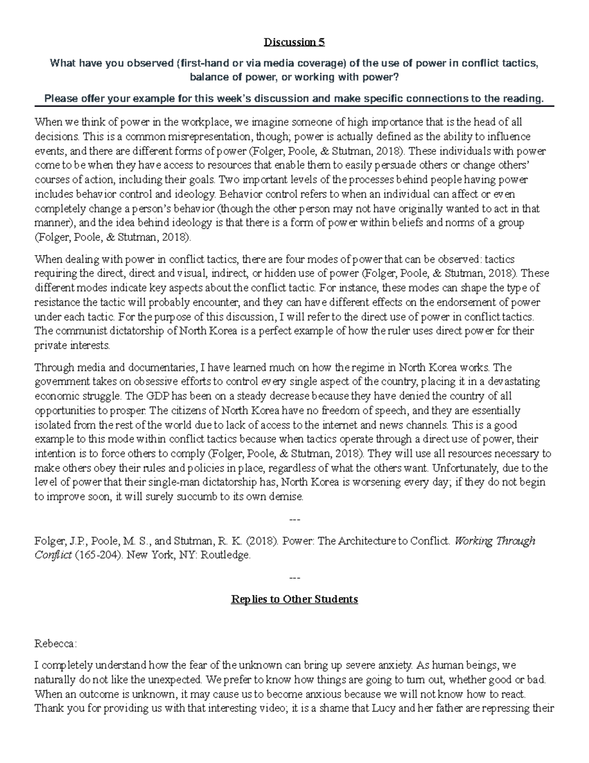 Discussion 5 When we think of power in the workplace, we imagine