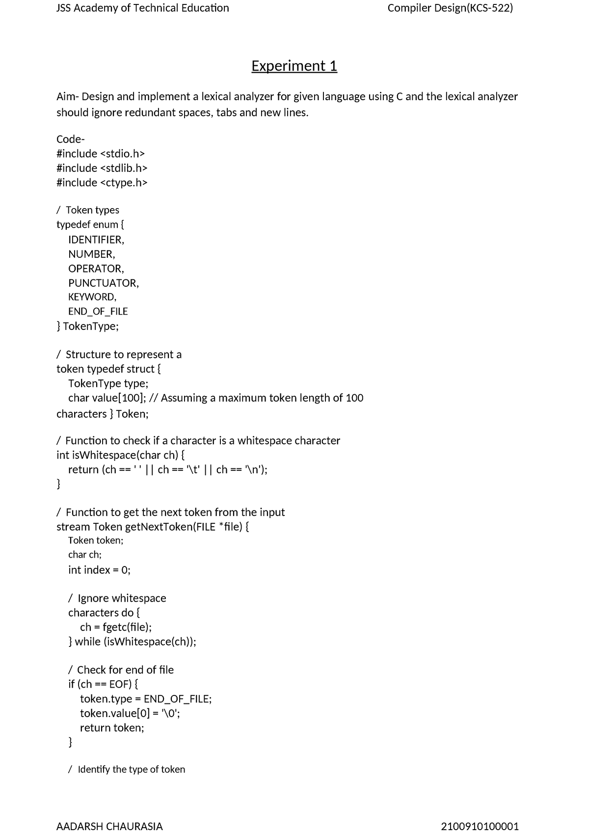 Aadarsh Wow Experiment 1 Aim Design And Implement A Lexical Analyzer For Given Language