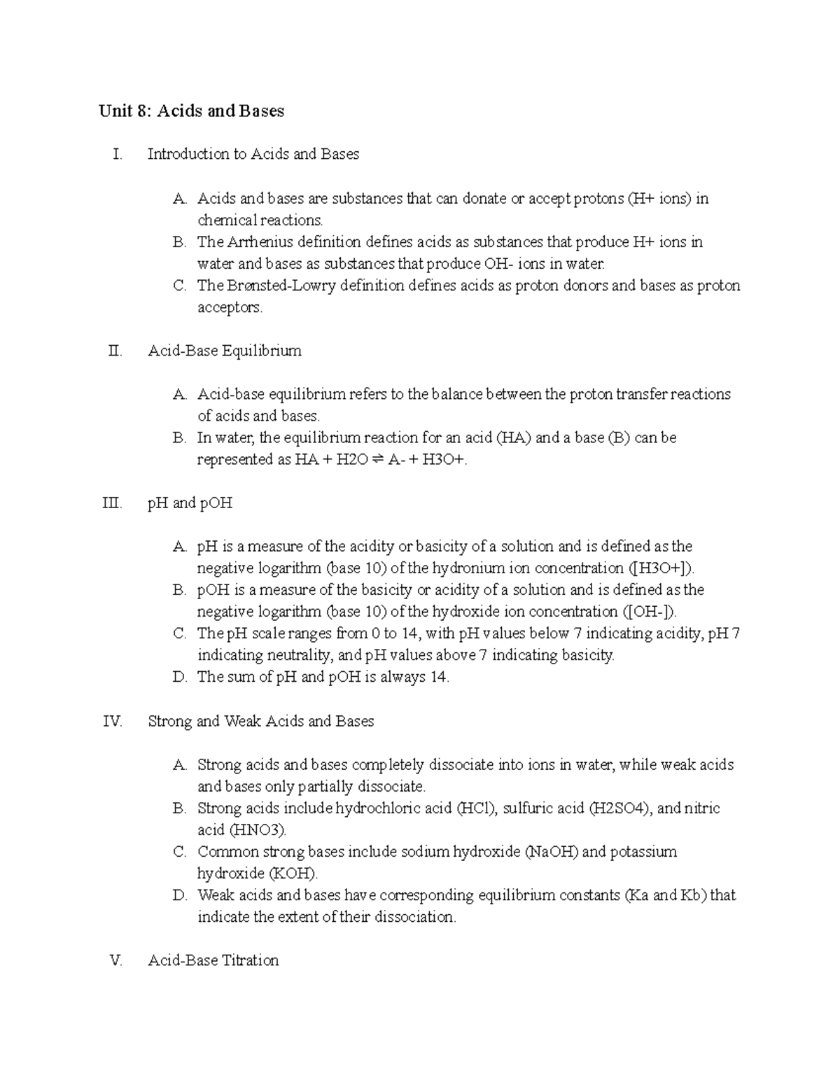 AP Chem Acids and Bases Notes Unit 8 Acids and Bases I
