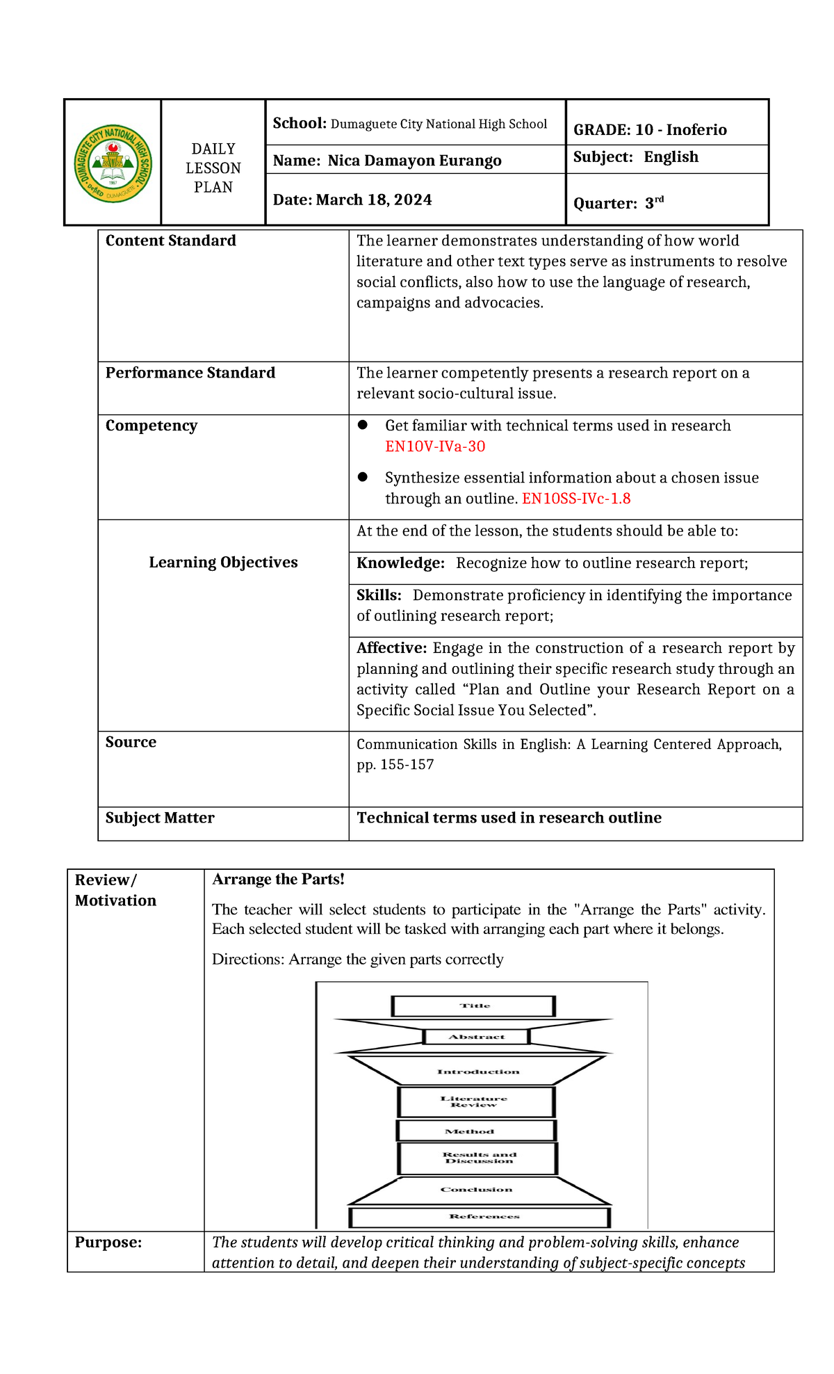4TH Lesson PLAN IN English 10 Recognizing Parts OF Research Report ...