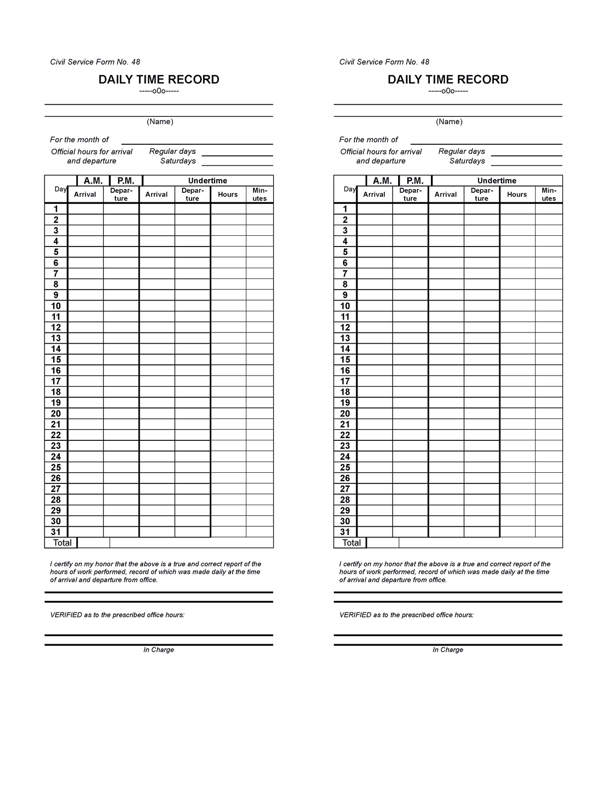 DTR - very useful to track the attendance - Civil Service Form No. 48 ...