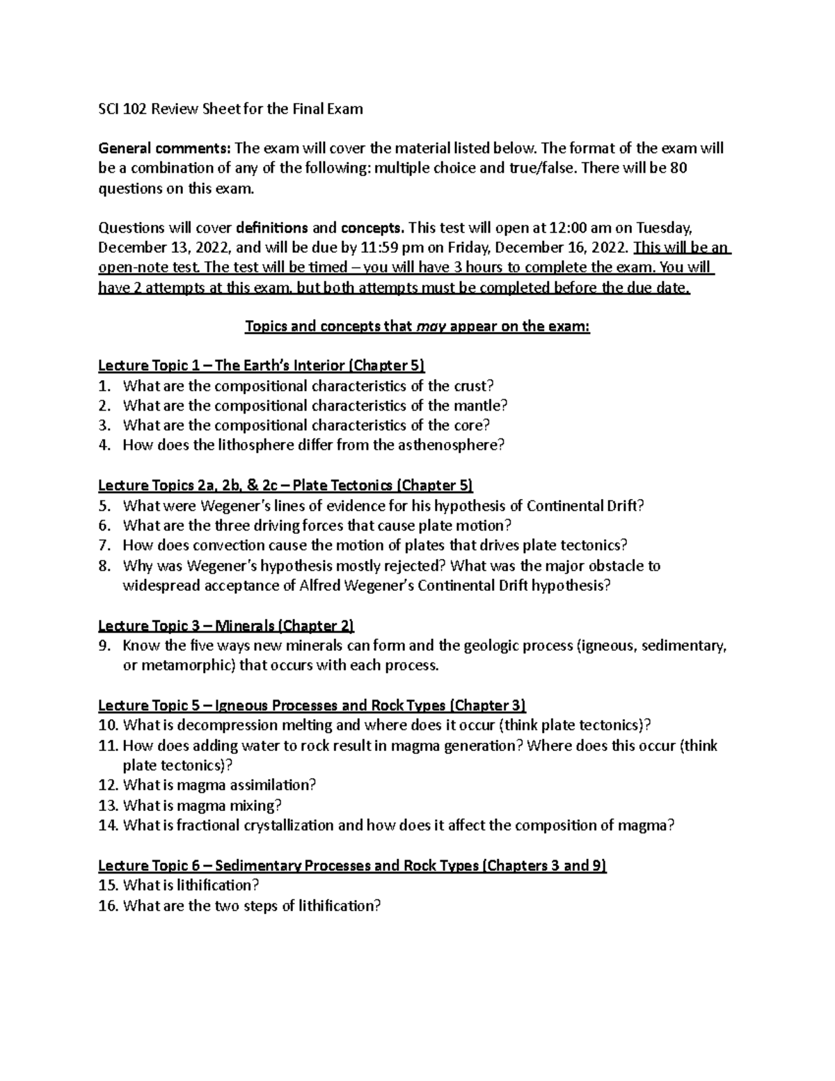 SCI 102 Final Exam Review Sheet - FA22 - SCI 102 Review Sheet for the ...