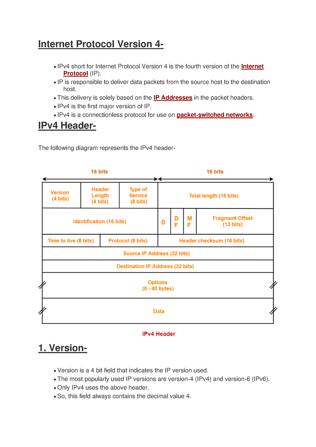 IPv4 Header Format - Summary - Internet Protocol Version 4- • IPv4 ...