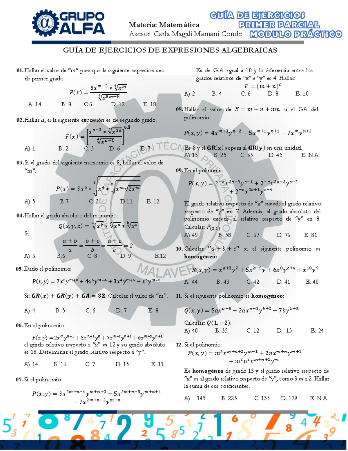 TEMA 4 Modulo Practico Polinomios - Materia: Matemática Asesor: Carla ...