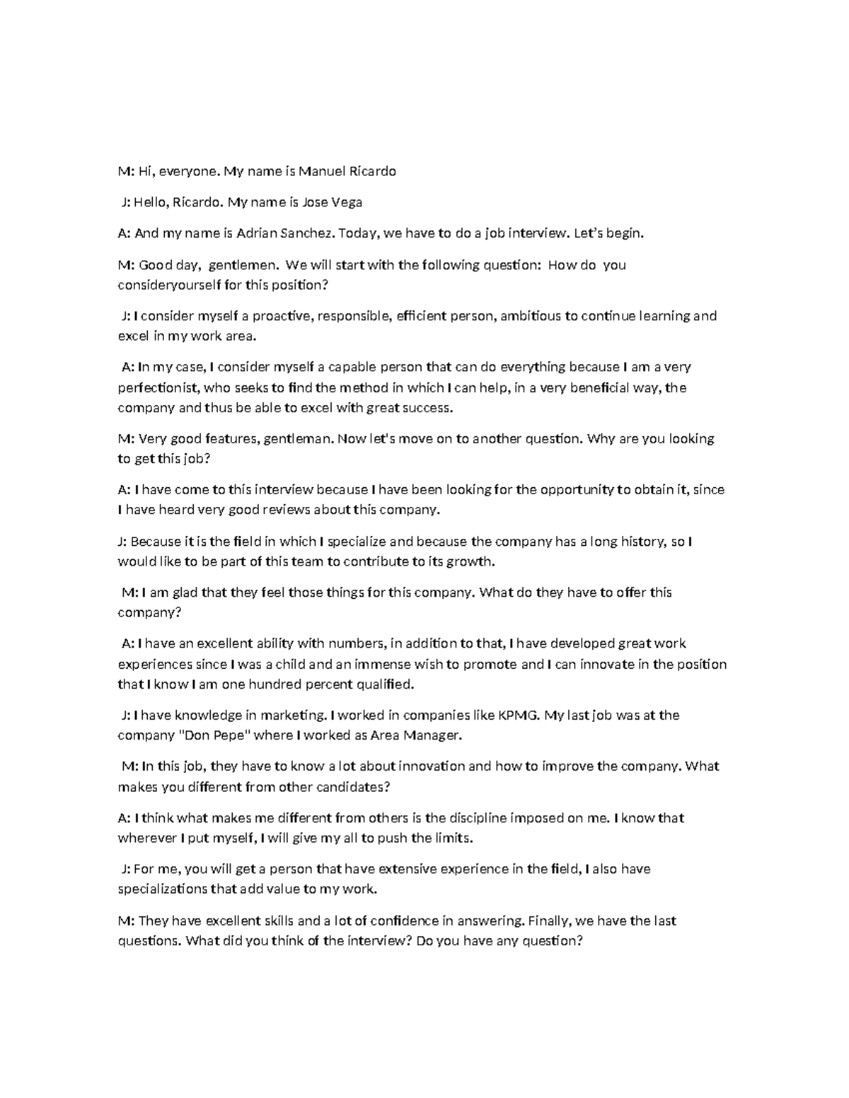 ingles dialogo de la semana - M: Hi, everyone. My name is Manuel ...