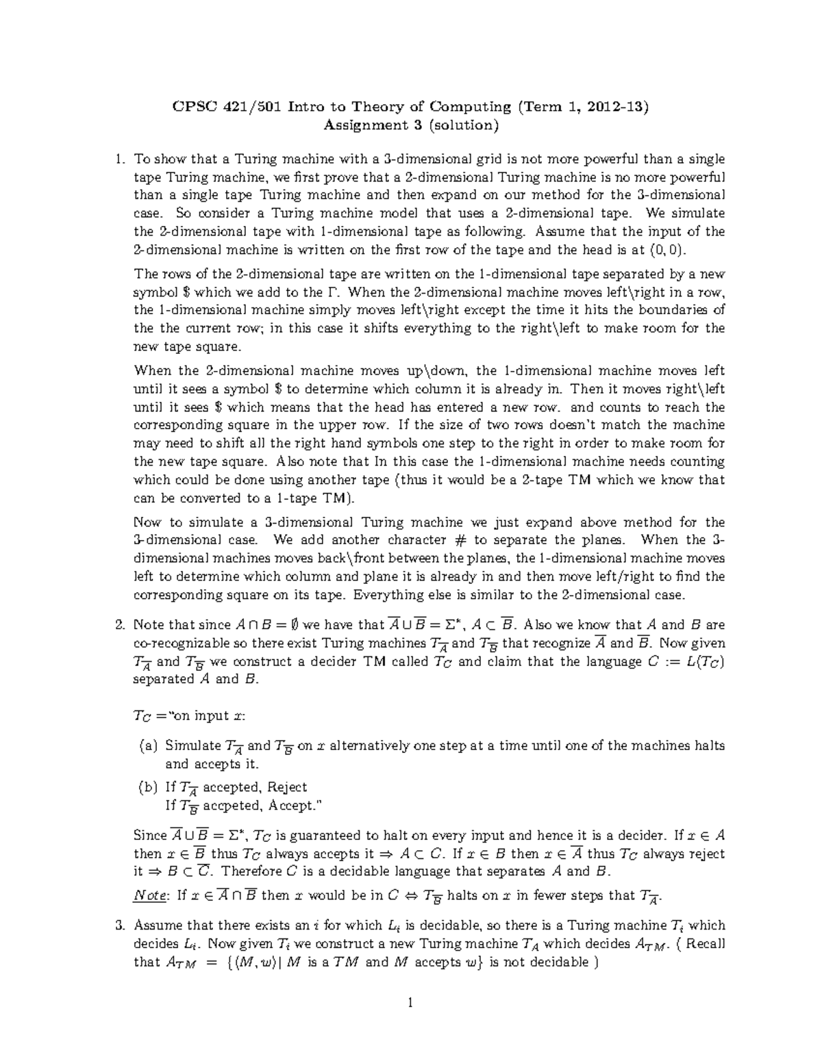 Assignment 3 Solutions Cpsc 421501 Intro To Theory Of Computing Term 1 2012 13 8512