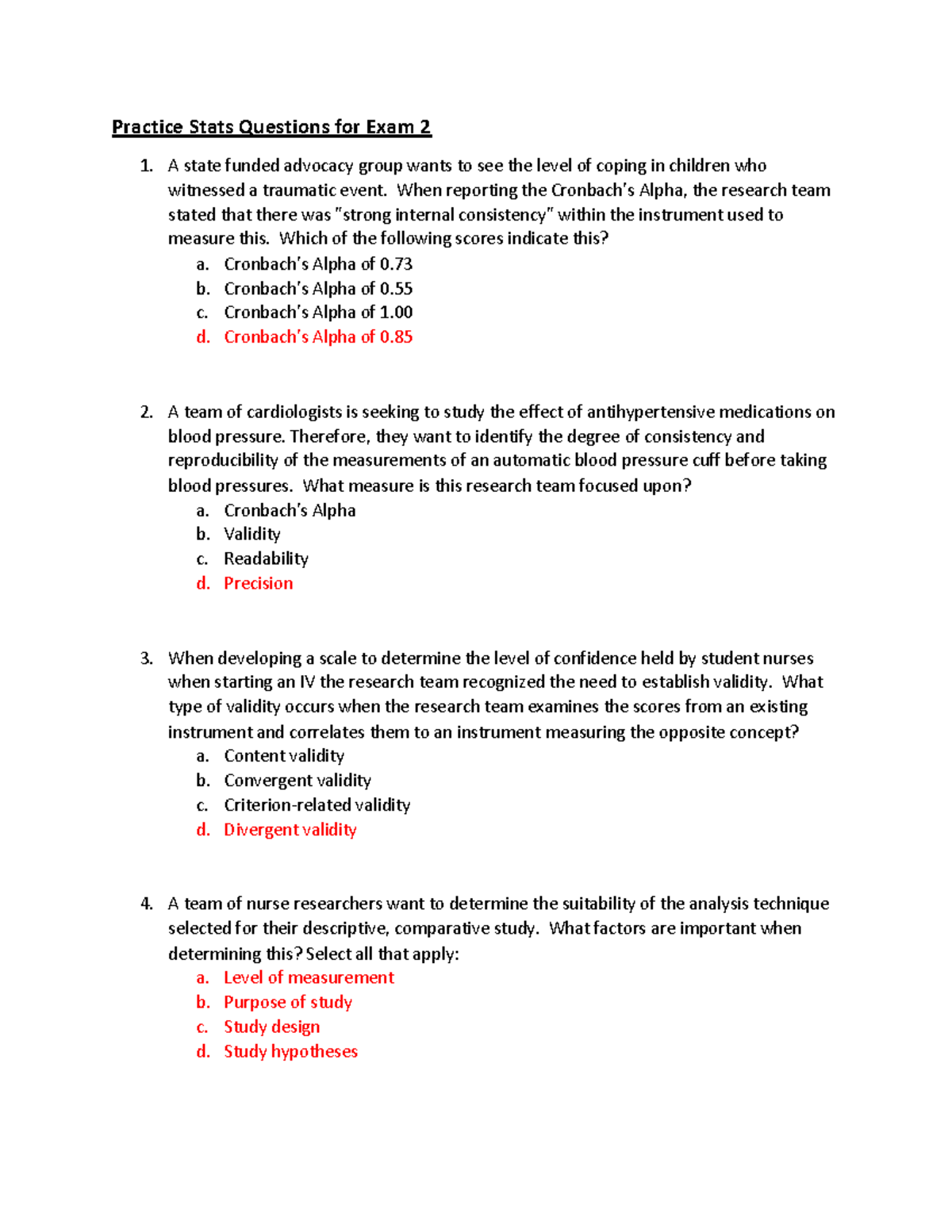 Practice stats questions (set 4) - Practice Stats Questions for Exam 2 ...