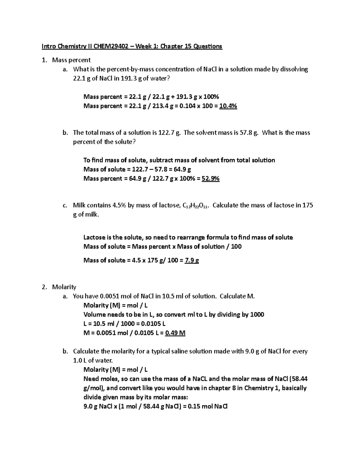 Week 1 chp15 questions answer key - Intro Chemistry II CHEM29402 – Week ...