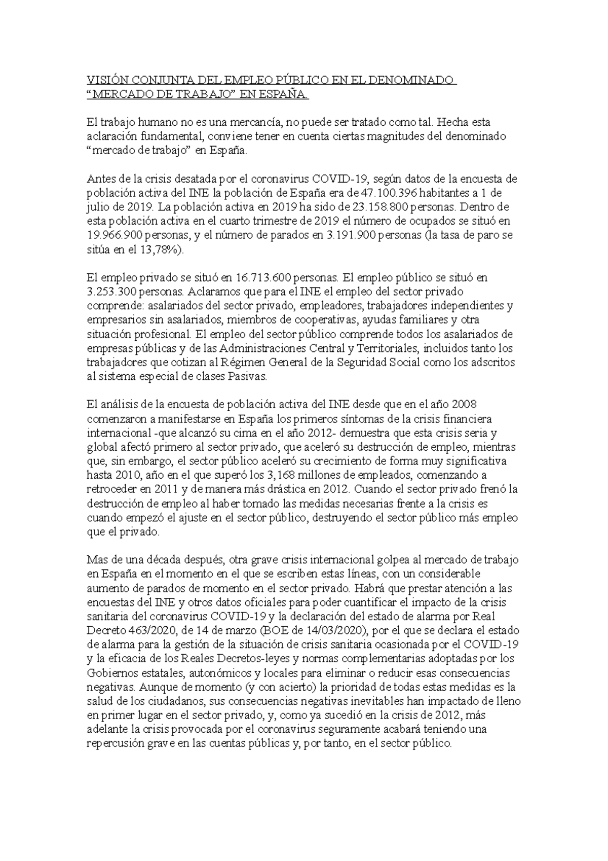 Visión Conjunta DEL Empleo Público EN España - Derecho de Empresa ...